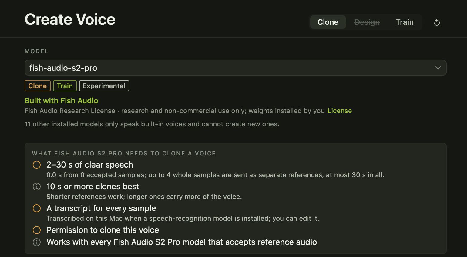 Create Voice set up to clone a voice, listing what the model needs, including permission to clone the voice