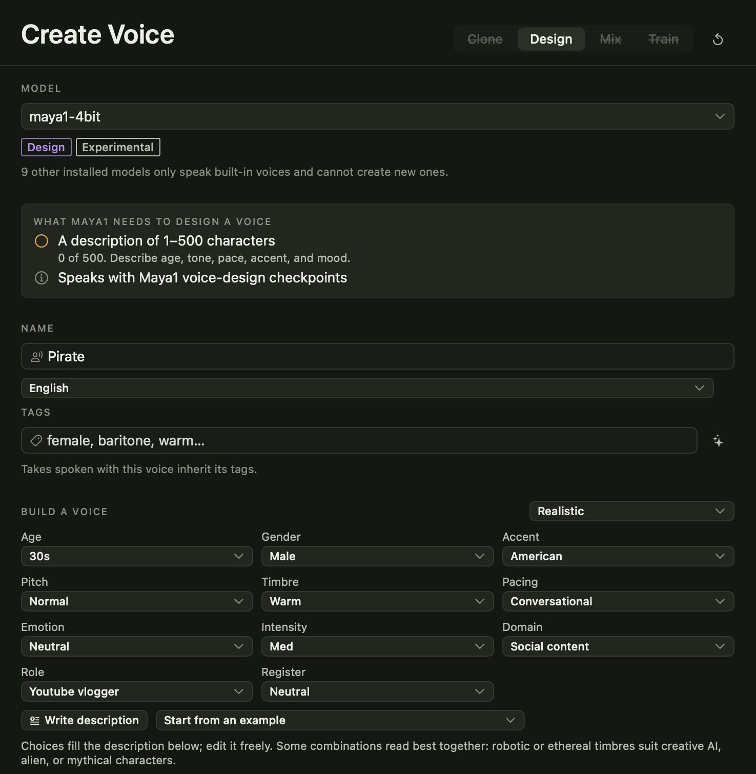 Create Voice building a voice from age, gender, accent, pitch, timbre and pacing choices