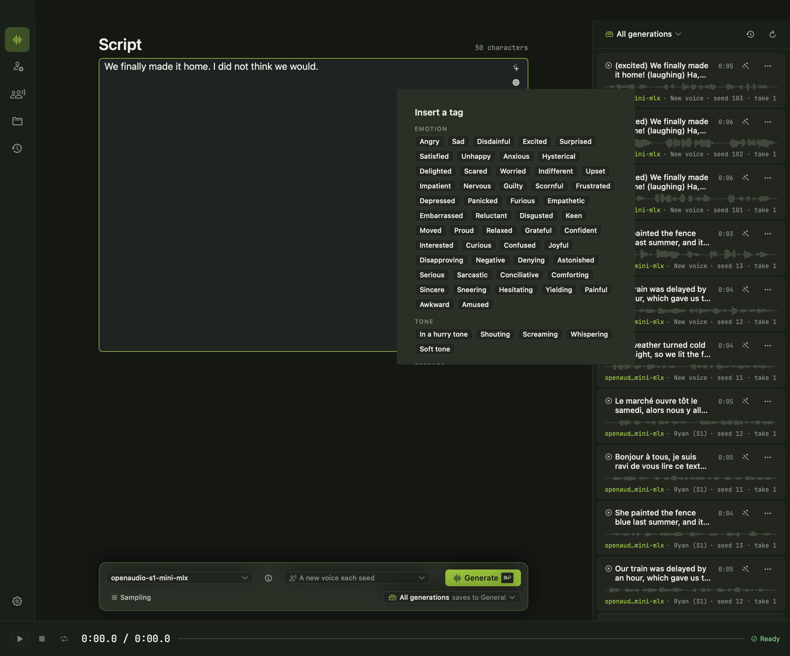 Avocado’s Generate page with a script, a model and voice picker, and recent takes listed beside it